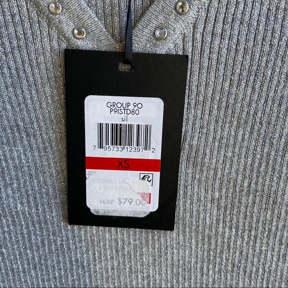 DKNY XS Grey Sparkle Ribbed Knit Rhinestone Long Sleeve Vneck Sweater - Picture 9 of 9
